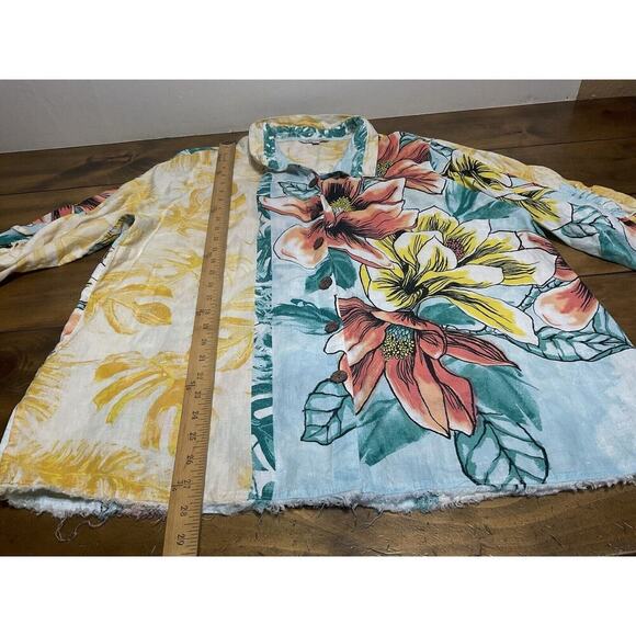 John Mark Womens Top Extra Large Linen Button Up Blouse Cinch Sleeves Art Boho - Picture 8 of 13